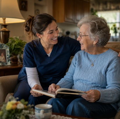 Caregiver reading with senior receiving home health care in Bedford, Indiana, at home together.