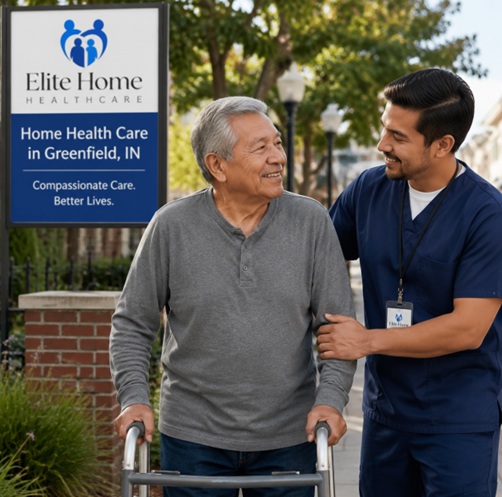Caregiver assists senior with home health care in Greenfield, IN.