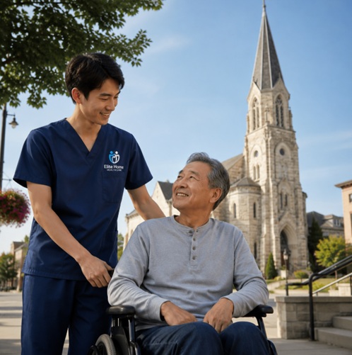 Caregiver supporting senior in wheelchair during home health care Bedford Indiana.