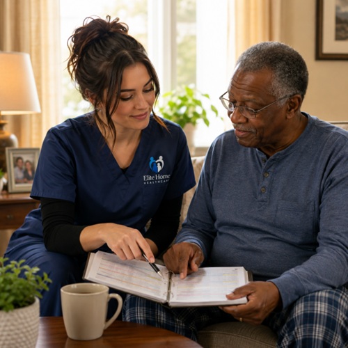 Caregiver reviewing care plan for home health care Greenfield, IN.