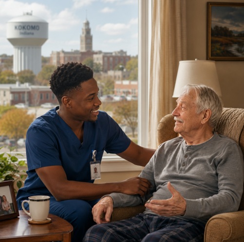 Caregiver speaking with senior receiving home health care Kokomo, IN.