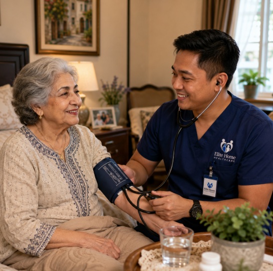 Home health nurse checking a senior woman’s blood pressure in Greenfield, IN.